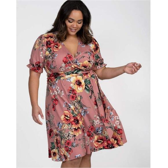 Kiyonna Womens Dress Pink Floral Tuscan Tie Wrap 2X Party Date Night Romantic - Picture 2 of 8